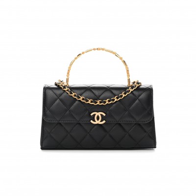 CHANEL LAMBSKIN ENAMEL QUILTED TOP HANDLE FLAP PHONE HOLDER WITH CHAIN BLACK GOLD HARDWARE (18*10*4cm)