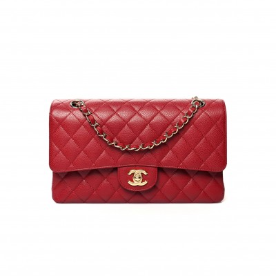 CHANEL CAVIAR QUILTED MEDIUM DOUBLE FLAP DARK RED GOLD HARDWARE (25*15*6cm)