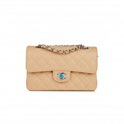 CHANEL SMALL CLASSIC DOUBLE FLAP BAG BEIGE CAVIAR SILVER HARDWARE (23*13*6cm)